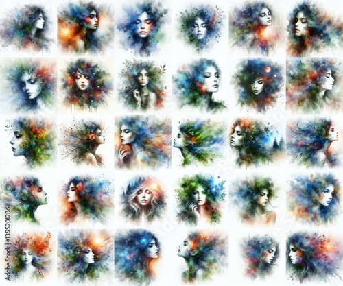 Obraz na płótnie Soul of nature. Yong girl and flora. Watercolor drawing. AI generated illustration w salonie