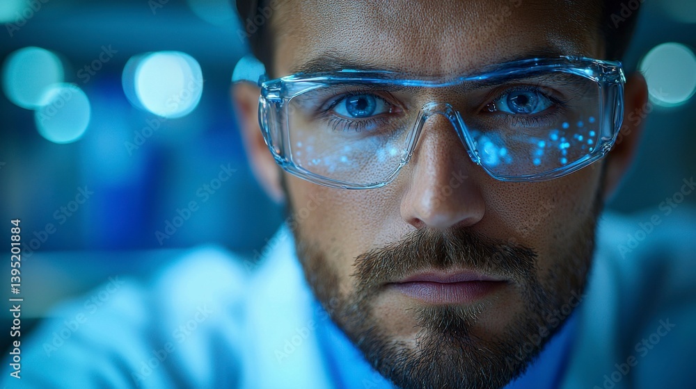 Focused Male Scientist in Lab Coat with Blue Light Background Focused Male Scientist in Lab Coat with Blue Light Background