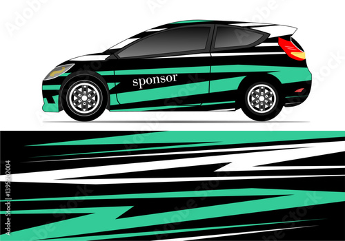 Stylish race car with dynamic graphics parked on a smooth surface, ready for competition