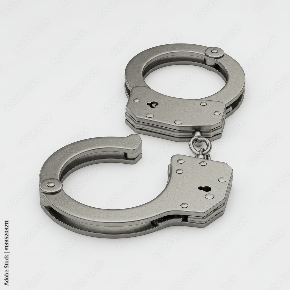 Realistic 3D render of silver metal handcuffs with detailed texture and shiny stainless steel finish Realistic 3D render of silver metal handcuffs with detailed texture and shiny stainless steel finish