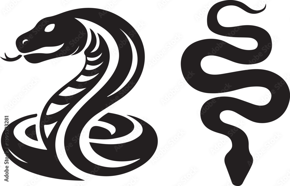 Fototapeta premium Serpent Sovereign – Tattoo-Ready Cobra Design Coiled and alert, this king cobra silhouette is made for designs that need a blend of elegance, power, and primal instinct.