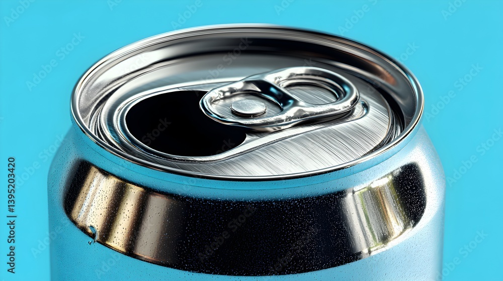 A close-up studio shot reveals a partially opened aluminum soda can against a vibrant blue background perfect for packaging design. A close-up studio shot reveals a partially opened aluminum soda can against a vibrant blue background perfect for packaging design.
