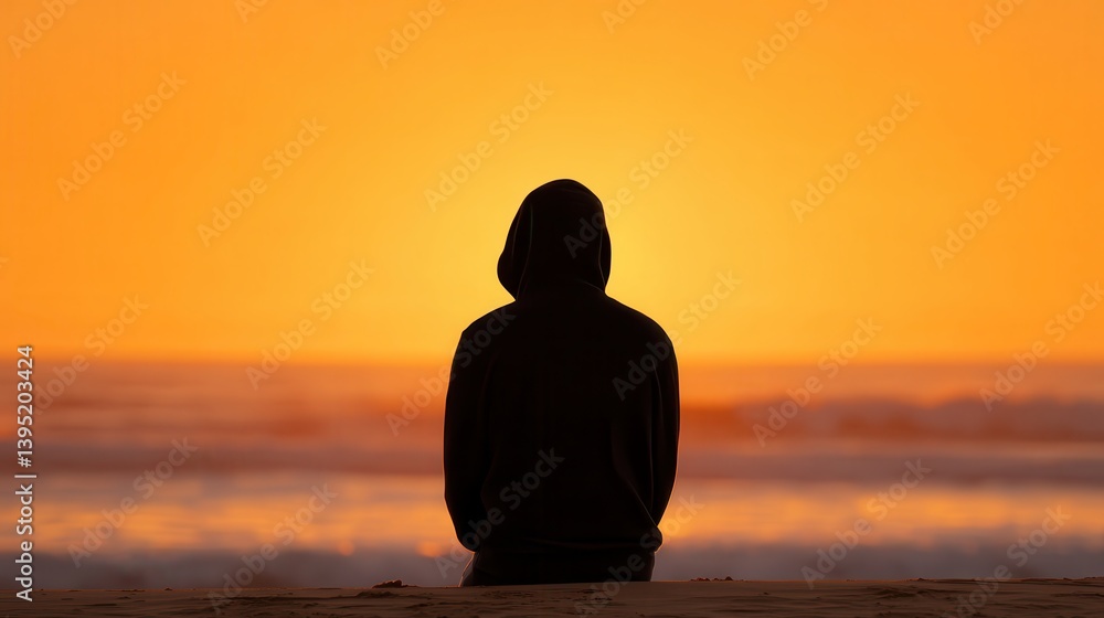 Person in Hoodie Watching Sunset Over the Ocean at Dusk Person in Hoodie Watching Sunset Over the Ocean at Dusk