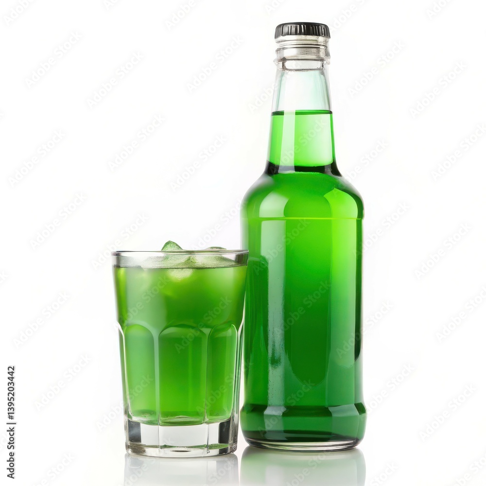 Refreshing green drink in glass bottle ice cubes bright vibrant color Refreshing green drink in glass bottle ice cubes bright vibrant color