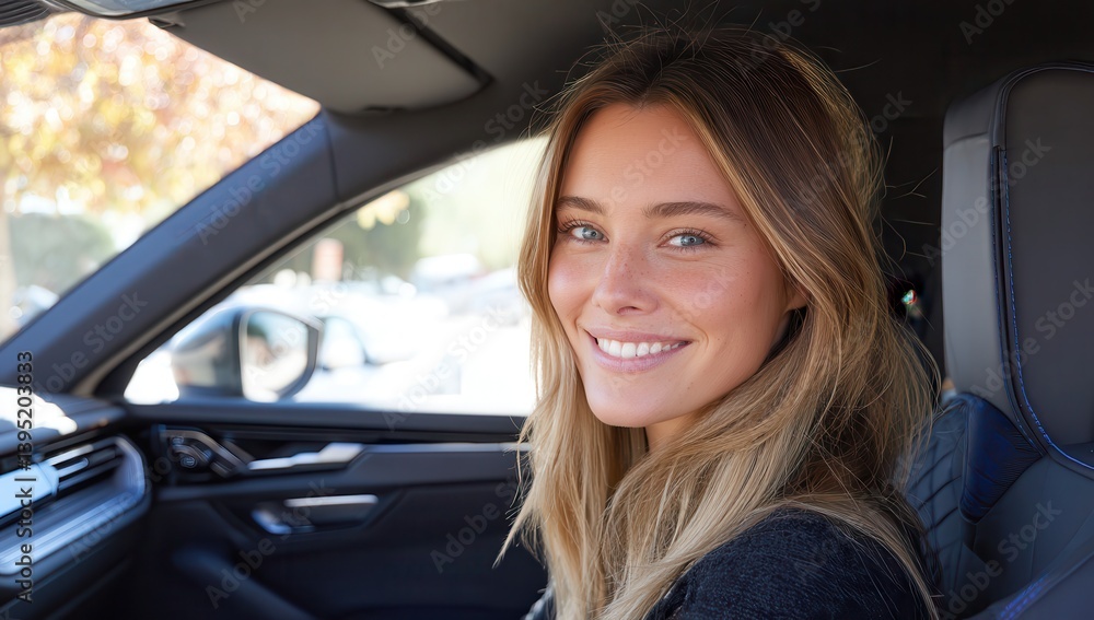 Smiling woman enjoying a ride in a modern car with natural light Smiling woman enjoying a ride in a modern car with natural light