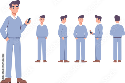 Business man character constructor for animation. Front, side and back view set. Body parts, postures, poses collection.