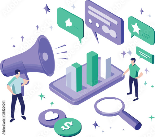 Character working at content creation, analyzing data, communicate with audience. Digital marketing, advertising, promotion concept.