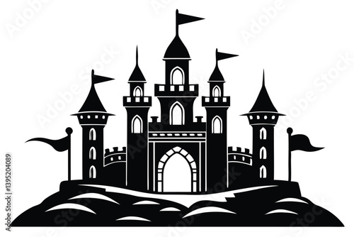 Black Silhouette Castle on Hill with Flags, Turrets, Arches and Fortress Details