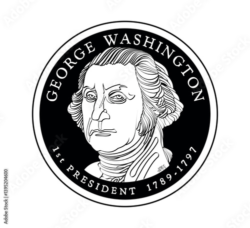 Presidential dollar coin, with first President of the United States George Washington. The coin is depicted in black and white. Vector illustration.