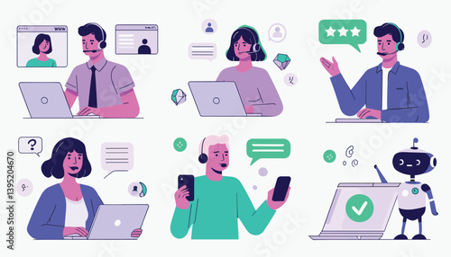 Call center set. Characters using artificial intelligence generative tools for communication. Helpdesk, hotline, customer support service concept. Vector illustration