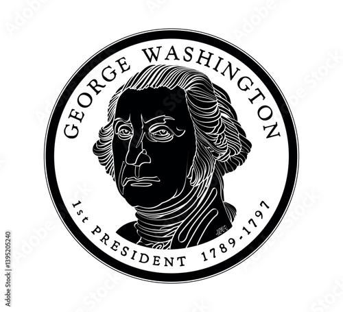Presidential dollar coin, with first President of the United States George Washington. The coin is depicted in black and white. Vector illustration.