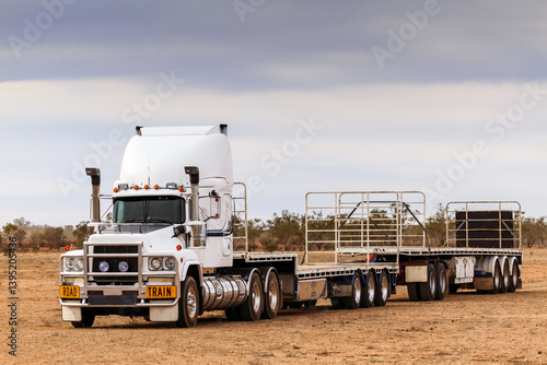 Semi trailer road train sits empty under a leaden sky.