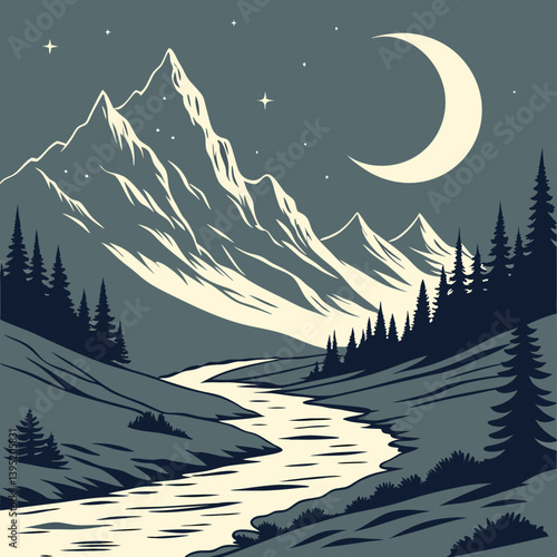 Winter Landscape With Mountains Melting Crescent Moon Over Mountain Valley – Glowing Silver Rivers Fantasy Landscape Vector