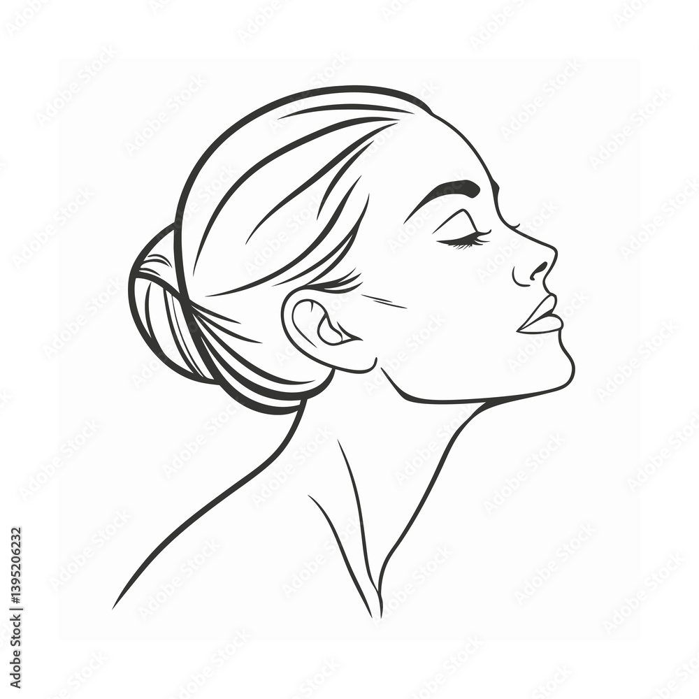 Elegant Woman Portrait Illustration In Profile With Hair Bun And Neckline