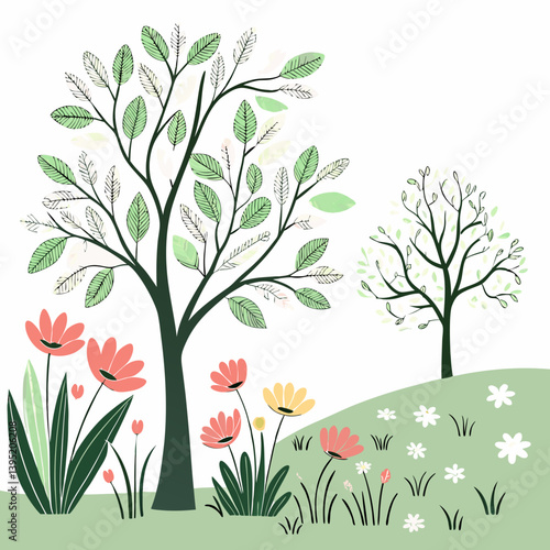 Cartoon Vector Scene of Spring Meadow with Green Grass