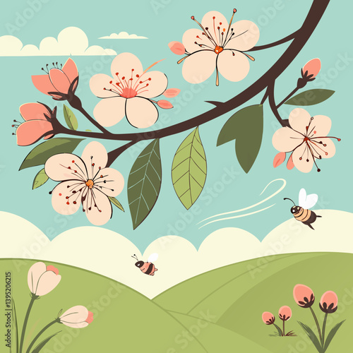Sunny Garden with Flowers and Blossoming Trees in Spring