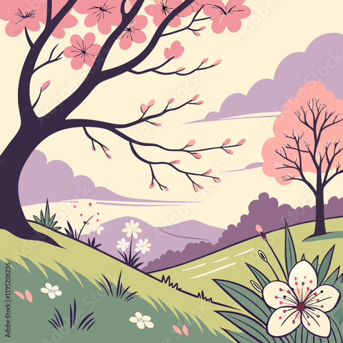 Spring Flowers and Trees in Flat Vector Style