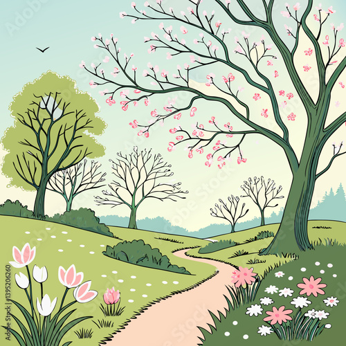 Soft Pastel Illustration of Spring Morning Landscape