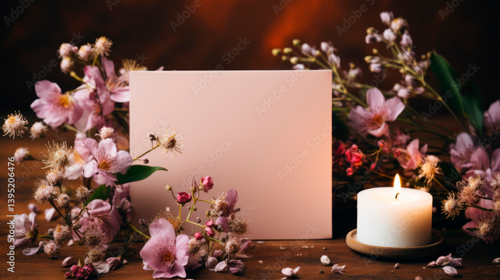 Blank greeting card with flowers and burning candle banner background copy space, ai generated
