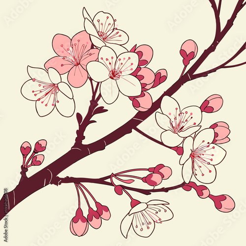 Spring Meadow with Pink Blossoms and Blue Sky