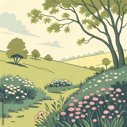 Vector Illustration of Sunny Spring Garden with Trees