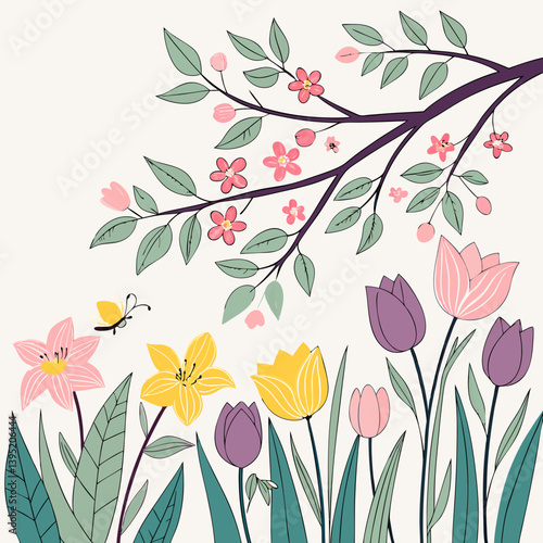 Beautiful Spring Horizon with Petals in the Wind
