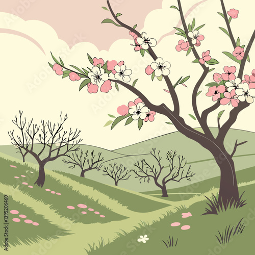 Fresh Spring Field with Blooming Flowers and Bushes


