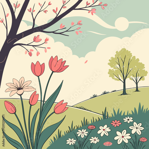 Blooming Orchard in Spring with Soft Pastel Background