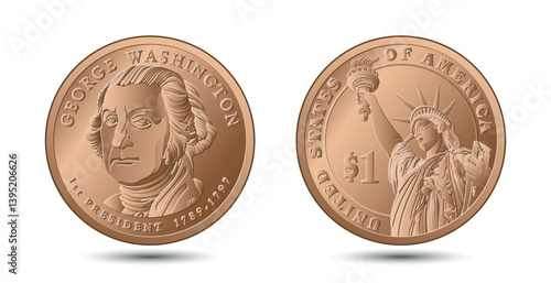 Presidential dollar coin, with first President of the United States George Washington on obverse and Statue of Liberty on reverse. American money. Vector illustration.