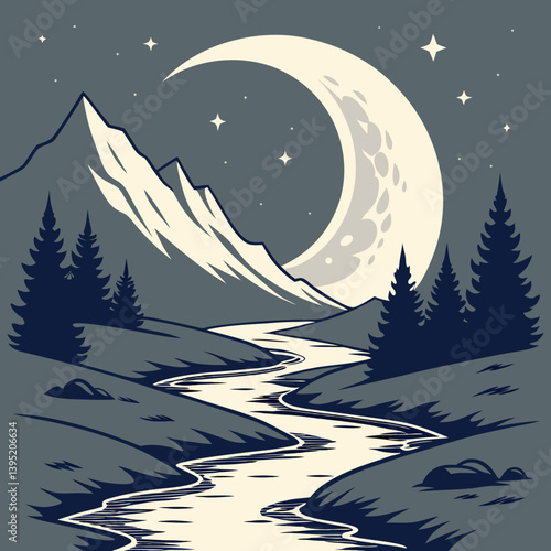 Winter Landscape With Mountains Melting Crescent Moon Over Mountain Valley – Glowing Silver Rivers Fantasy Landscape Vector