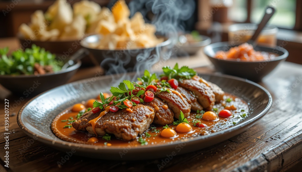 Hyper-Realistic Gourmet Food Close-Up on Rustic Wooden Table with Steam and Vibrant Ingredients Hyper-Realistic Gourmet Food Close-Up on Rustic Wooden Table with Steam and Vibrant Ingredients