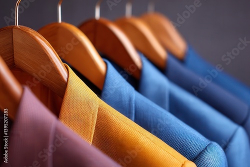 Stylish Hanging Suits in Varied Colors on Wooden Hangers