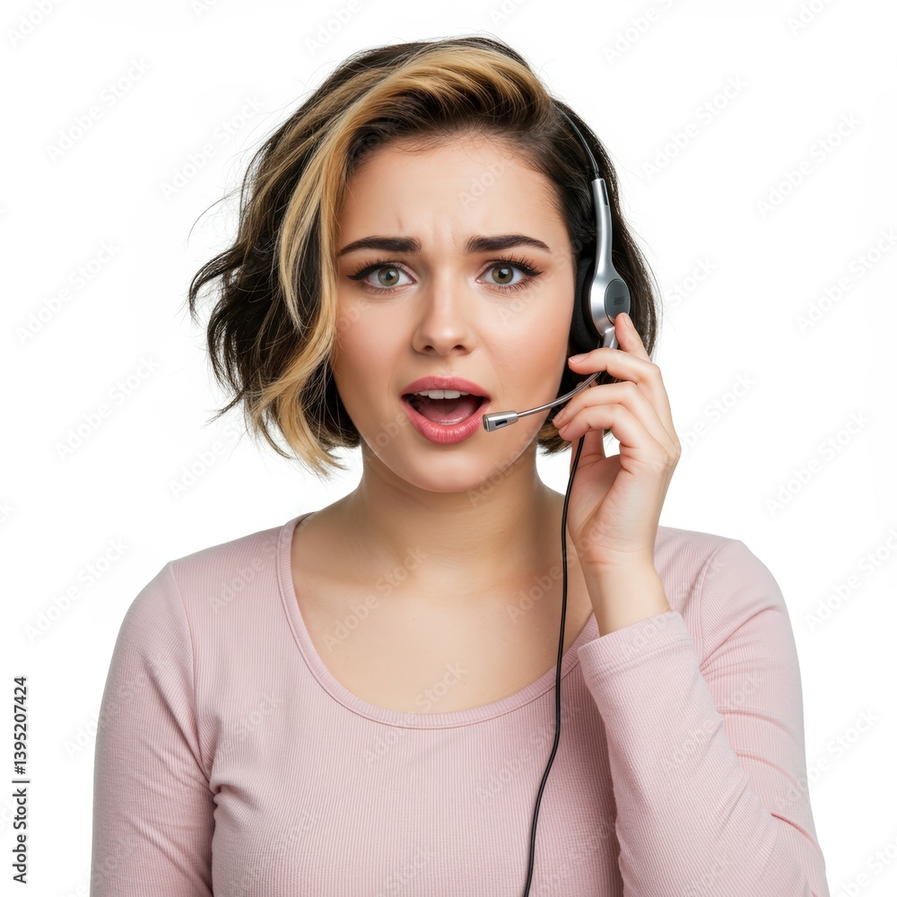Shocked Customer Service Representative Wearing Headset with Concerned Expression Shocked Customer Service Representative Wearing Headset with Concerned Expression