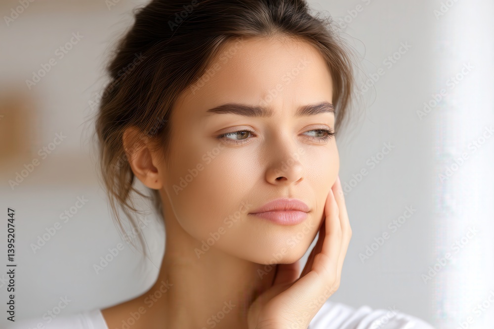 Thoughtful young woman with hand on face near window indoors Thoughtful young woman with hand on face near window indoors