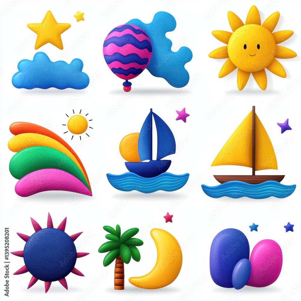 A vibrant collage of playful shapes, including sun, clouds, balloons, and boats, showcasing a cheerful and colorful theme. A vibrant collage of playful shapes, including sun, clouds, balloons, and boats, showcasing a cheerful and colorful theme.