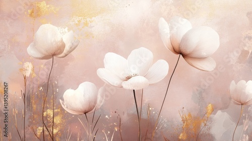 Delicate white flowers in a soft, blush-toned landscape