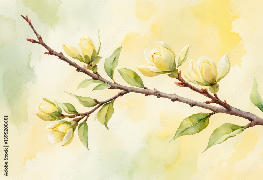 Delicate Magnolia Watercolor in Soft Yellow and Green Tones Delicate Magnolia Watercolor in Soft Yellow and Green Tones