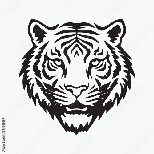 3d tiger face black and white silhouette vector illustration.