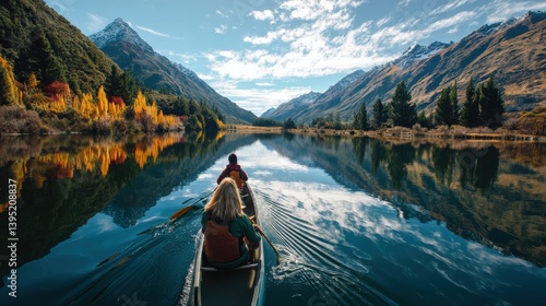 A couple is paddling a canoe on a lake surrounded by mountains