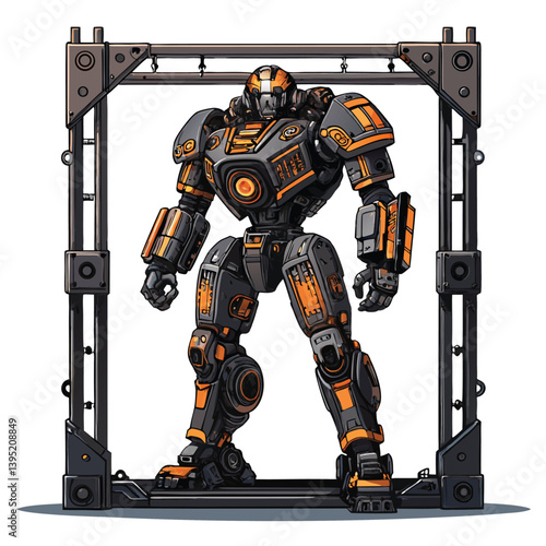 Create a vector illustration of a powerful mech warrior, posed dynamically, using bold, thick strokes and strong outlines.  Emphasis on sharp lines and impactful silhouette.