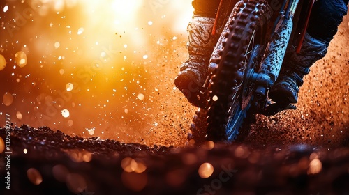 A dynamic close-up of a motorcycle tire kicking up dirt and particles, illuminated by an orange glow, showcasing the thrill of off-road biking.