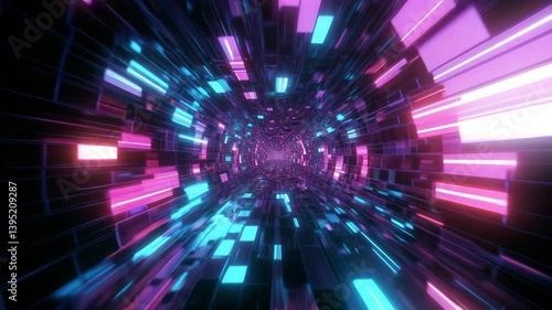 Futuristic tunnel animation with glowing pink and blue blocks flying through a digital vortex. Perfect for sci-fi visuals, cyberpunk themes, and tech motion graphics.

