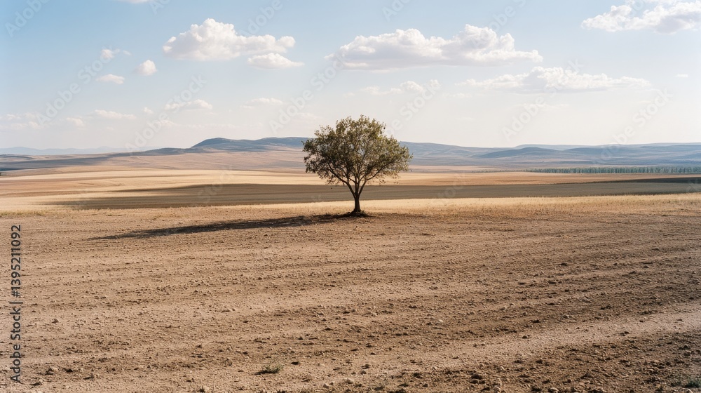 Fototapeta premium A solitary tree stands amidst vast, undulating fields under a bright blue sky, embodying solitude and resilience.