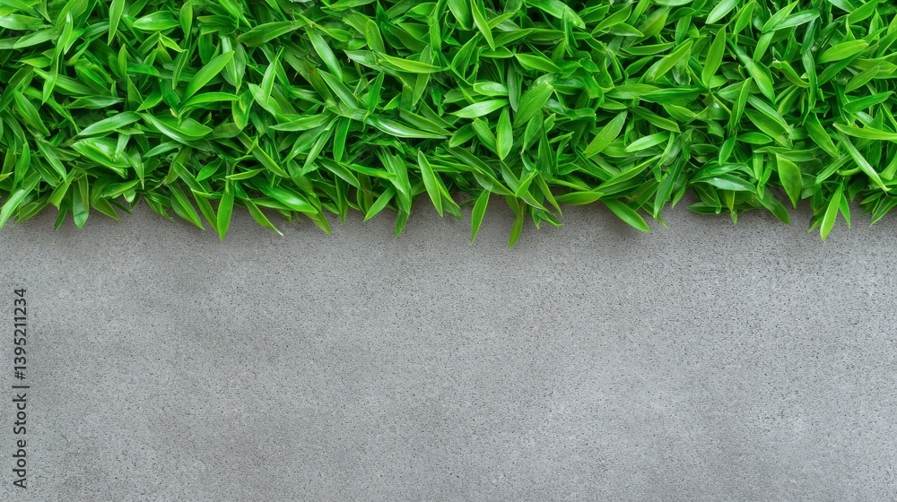Lush Green Grass Border on Grey Concrete Background Nature Texture Lush Green Grass Border on Grey Concrete Background Nature Texture