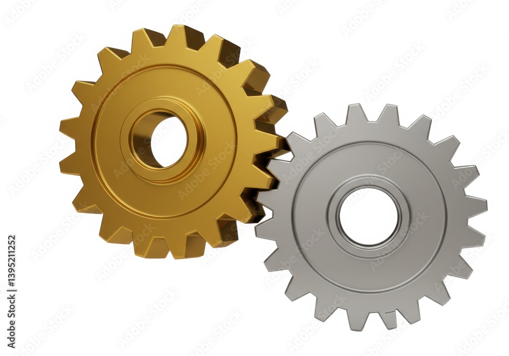Close up of two interlocking gears one gold and the other is silver Close up of two interlocking gears one gold and the other is silver