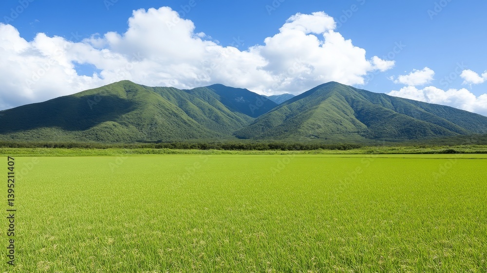 Fototapeta premium Serene Green Rice Paddy Field Against Majestic Mountain Range under a Summer Sky