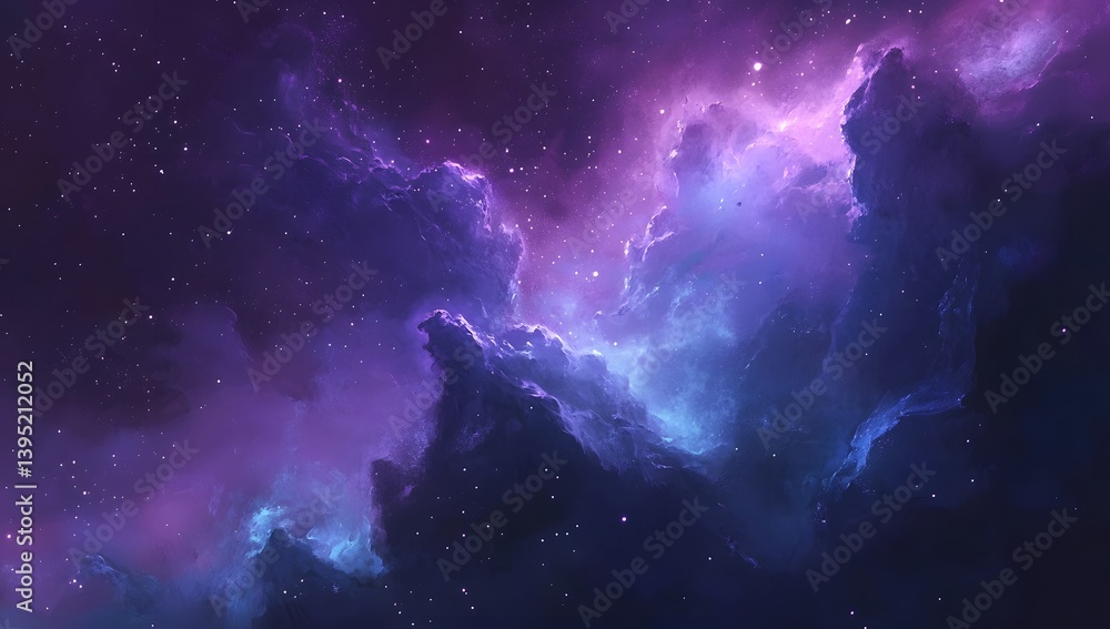 Fototapeta premium A vibrant purple and blue nebula with stars in a dark space background.