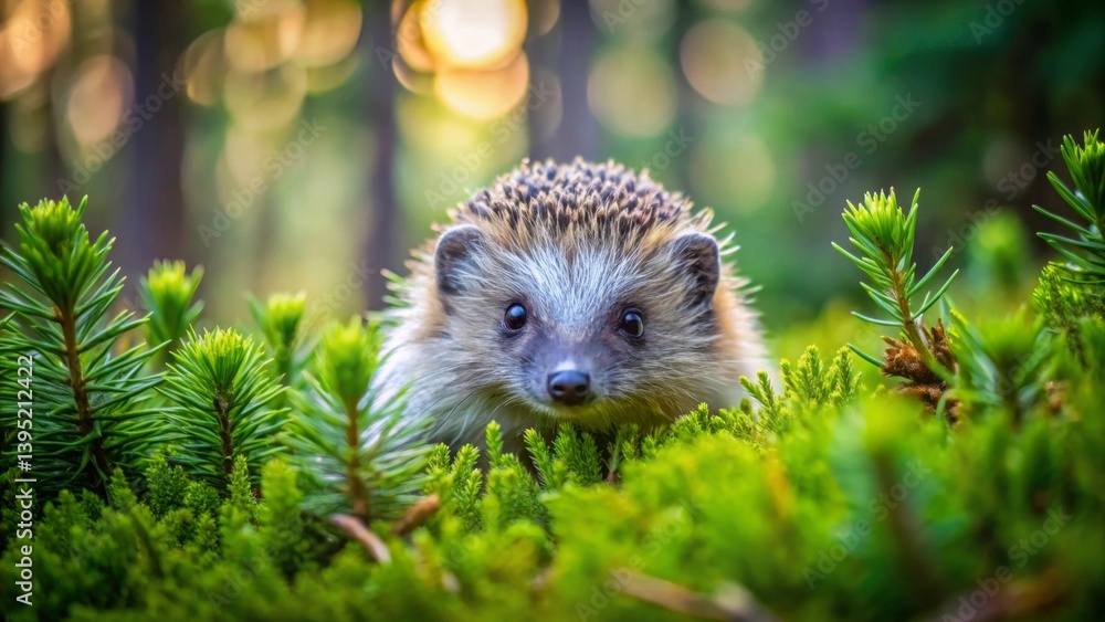 A curious hedgehog peering from a bed of vibrant green moss and young pine sprigs in a sun-dappled forest A curious hedgehog peering from a bed of vibrant green moss and young pine sprigs in a sun-dappled forest