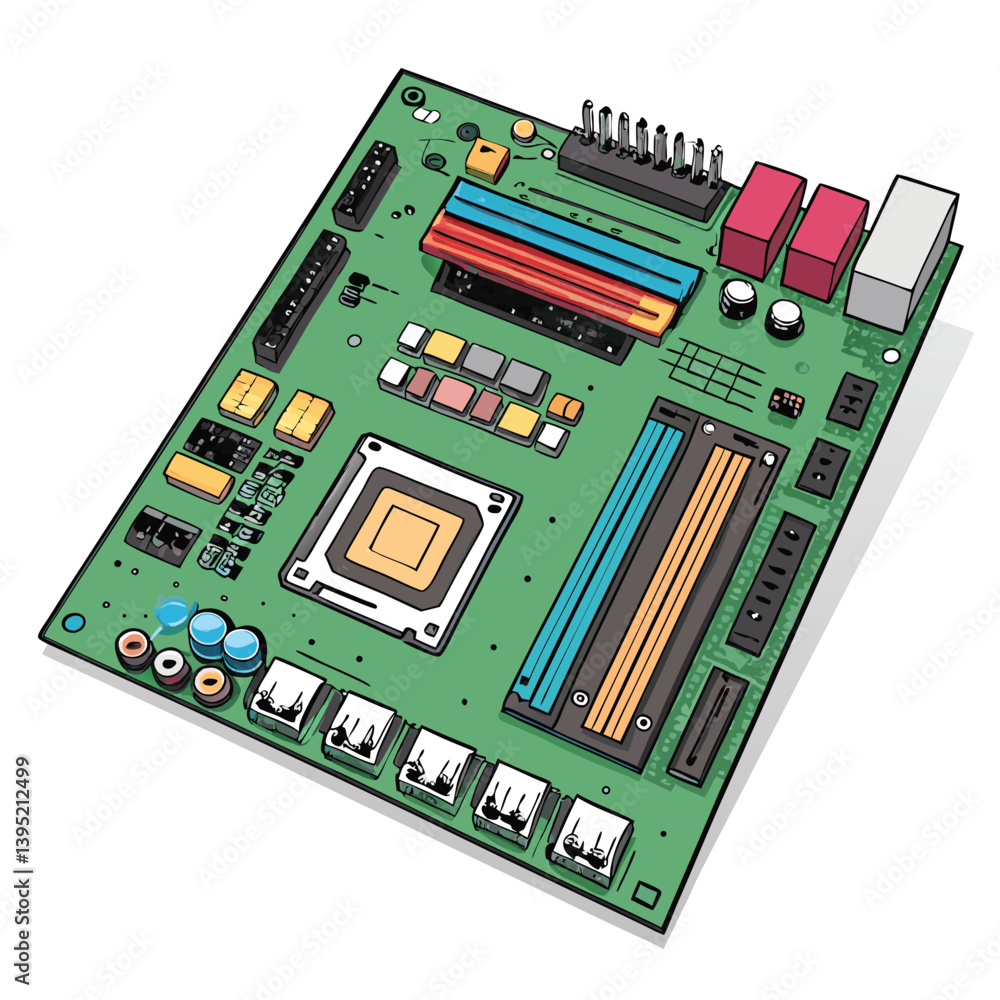 Create a bold, vector illustration of a motherboard densely packed with integrated circuits, emphasizing strong lines and vibrant colors. Create a bold, vector illustration of a motherboard densely packed with integrated circuits, emphasizing strong lines and vibrant colors.