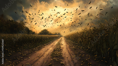 Desert locusts swarm a dirt road, having devoured crops, their destructive presence signaling an agricultural disaster. Devoured Light. Illustration